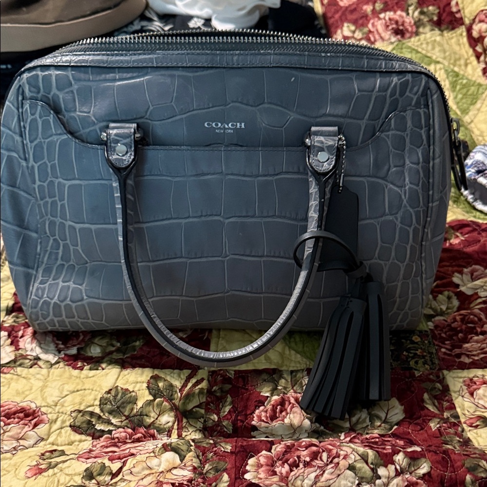 Coach Gray Crocodile Embossed Satchel Handbag with tassels vintage